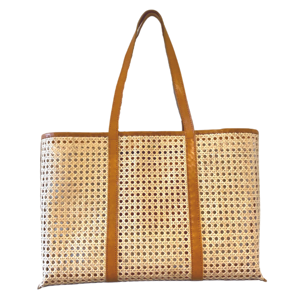 Amelia Cane & Leather Tote in Camel: Large