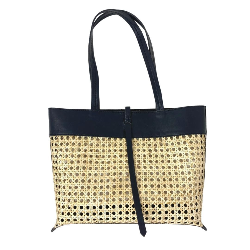 Madeline Cane and Leather Tote in Black