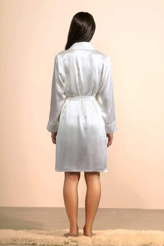 Aphrodite White Silk Robe With Chiffon Piping in Light Champagne