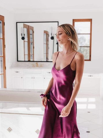 The Sunday Silk Slip Dress (Adjustable Straps and Built in Bra) in Mulberry Muse