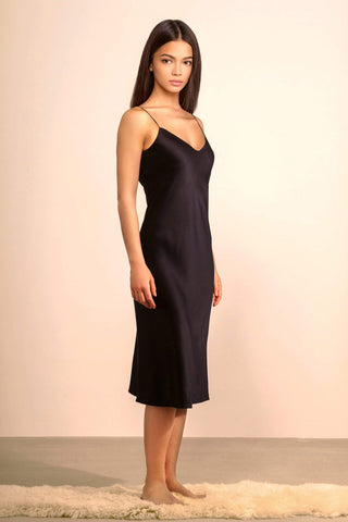 The Sunday Silk Slip Dress (Adjustable Straps and Built in Bra) in Black Caviar