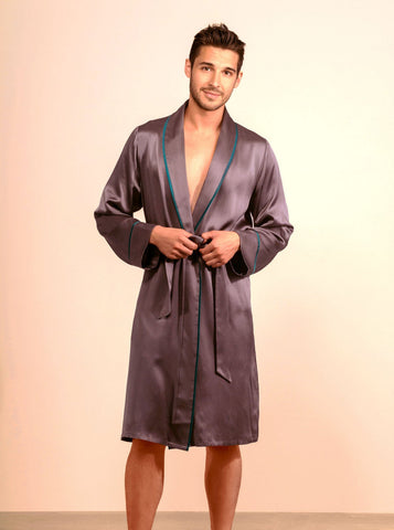 Unisex Silk Midi Smoking Robe in Charcoal Grey